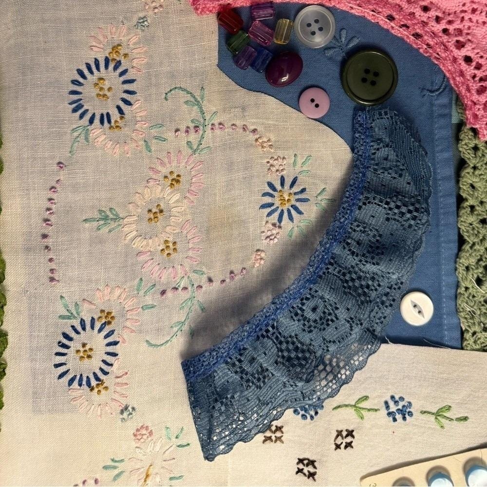 Vintage Blue White Sewing Notions Junk Journal Kit‎ Lace Embroidery Buttons Lot - Picture 5 of 13